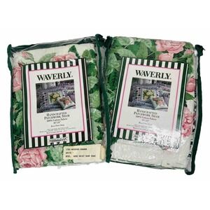 Waverly Floral Quilted Ruffle Sham Standard Cottage Pink Rose Print Green Stripe